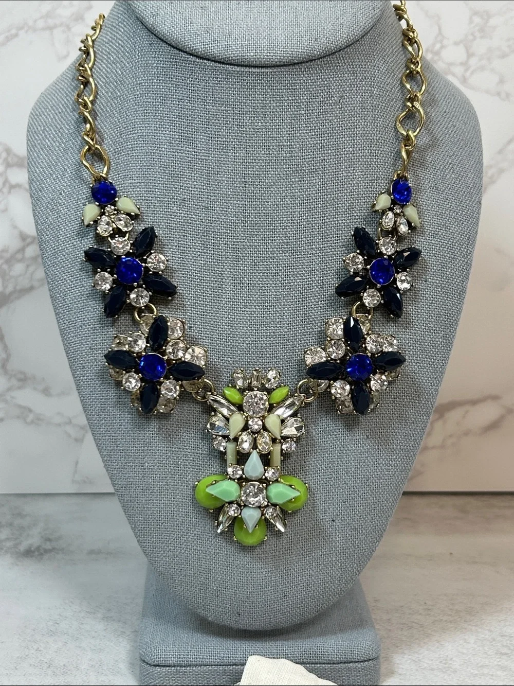 J. Crew Lime Green, Royal Blue and Clear Crystal Bib Necklace